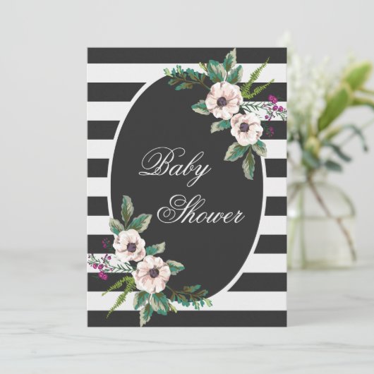 Moderne Schwarz-weiße Streifen Floral Baby Dusche Einladung (Stehend Vorderseite)