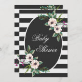 Moderne Schwarz-weiße Streifen Floral Baby Dusche Einladung (Vorne/Hinten)