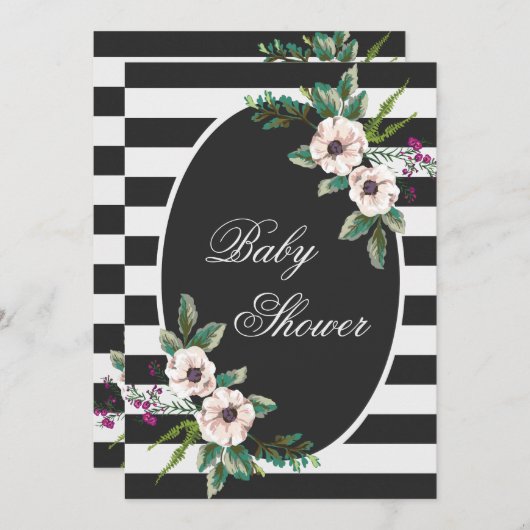 Moderne Schwarz-weiße Streifen Floral Baby Dusche Einladung (Vorne/Hinten)