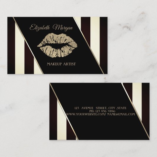 Moderne schwarz-weiße Streifen, Glitterlippen Visitenkarte (Vorne/Hinten)