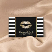 Moderne Schwarz-weiße Streifen Gold Lippen Visitenkarte