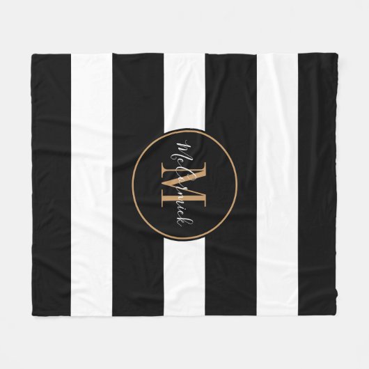 Moderne Schwarz-weiße Streifen Gold Monogrammierna Fleecedecke (Vorderseite (Horizontal))