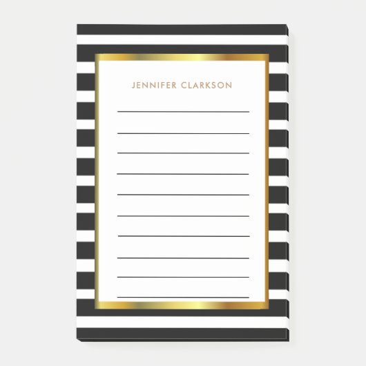 Moderne Schwarz-weiße Streifen Gold personalisiert Post-it Klebezettel (Vorderseite)