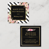 Moderne Schwarz-weiße Streifen Rosa Blumengoldrahm Quadratische Visitenkarte (Vorne/Hinten)