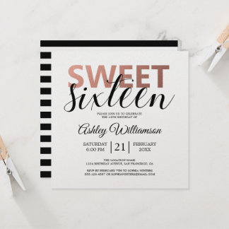 Moderne Schwarz-weiße Streifen Rosa Sweet 16 Einladung