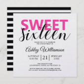 Moderne Schwarz-weiße Streifen Rosa Sweet 16 Einladung (Vorne/Hinten)