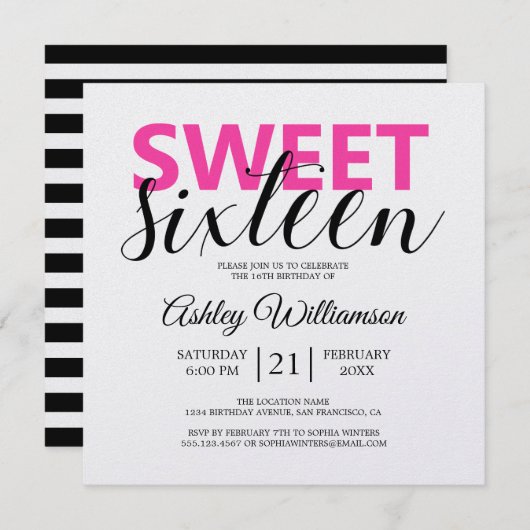 Moderne Schwarz-weiße Streifen Rosa Sweet 16 Einladung (Vorne/Hinten)
