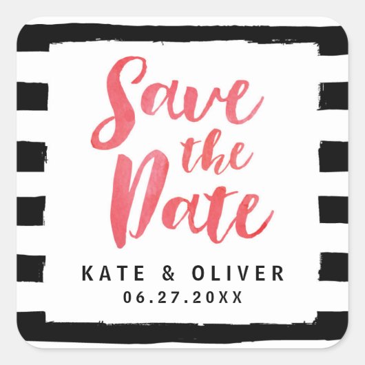 Moderne schwarz-weiße Streifen Save the Date Quadratischer Aufkleber (Vorderseite)