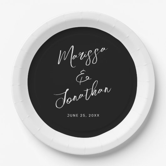 Moderne Schwarz-weiße Streifenhochzeit Pappteller (Vorderseite)