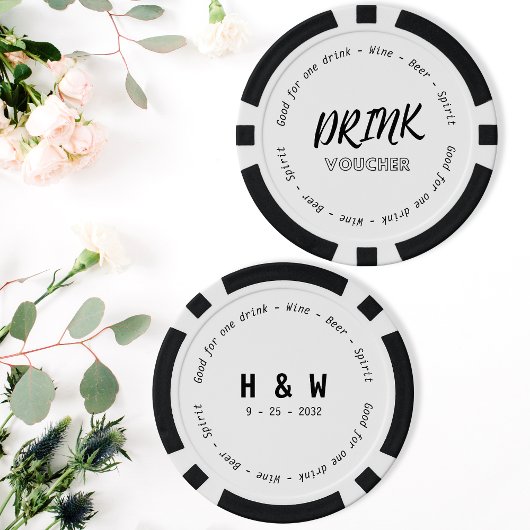 Moderne Schwarz-weiße Trinkgutscheine Datum Hochze Pokerchips