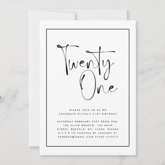 Moderne Schwarz-weiße Typografie 21 Foto Geburtsta Einladung (Vorderseite)