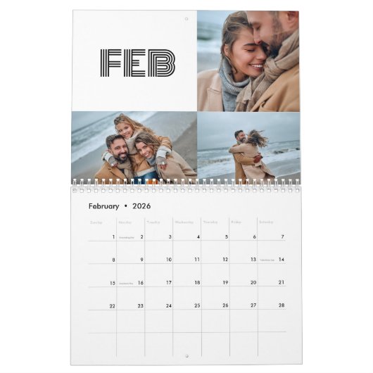 Moderne Schwarz-weiße Typografie-3-Foto-Familie Kalender (Feb 2026)