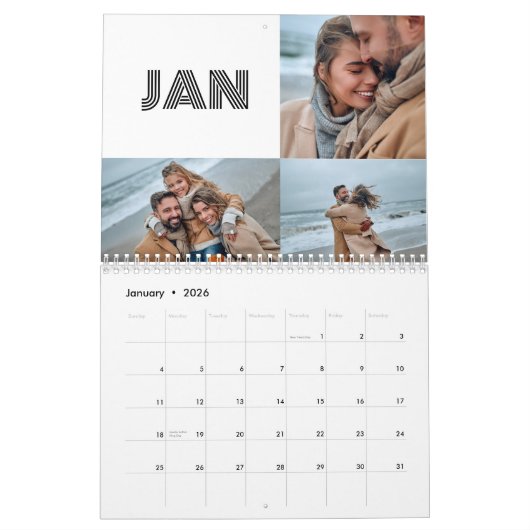 Moderne Schwarz-weiße Typografie-3-Foto-Familie Kalender (Jan 2026)