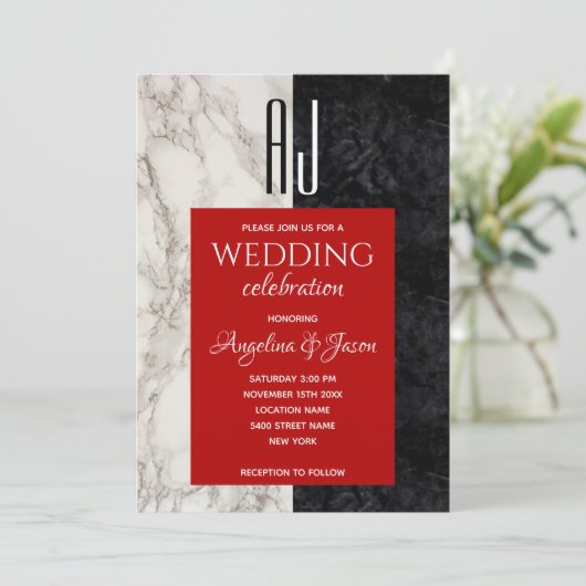 Moderne Schwarz-weiße und rote Hochzeit Einladung (Stehend Vorderseite)