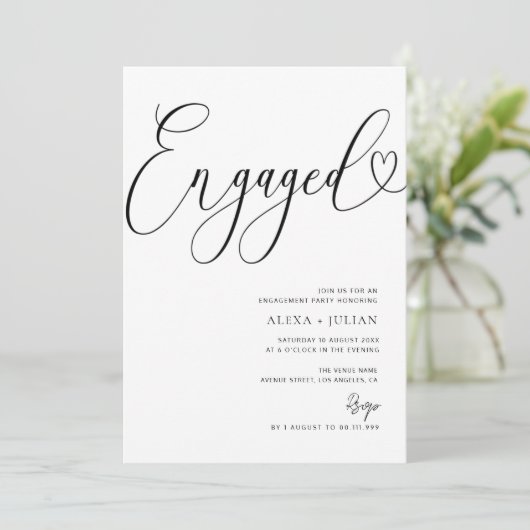 Moderne schwarz-weiße Verlobungsparty Einladung (Stehend Vorderseite)