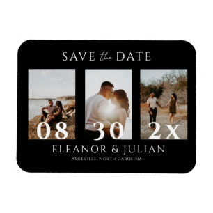 Moderne schwarze 3-Foto-Filmstreifen-Save-the-Date Magnet