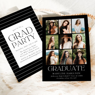 Moderne schwarze 9-Fotocollage Graduierungsparty Einladung