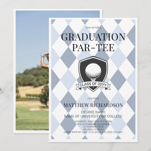 Moderne schwarze blaue Foto-Golf-Abschlussfeier Einladung (Vorne/Hinten)