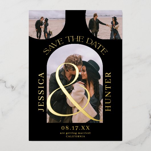 Moderne Schwarze Bogen 4 Fotos Hochzeit speichern Folieneinladung (Vorderseite)