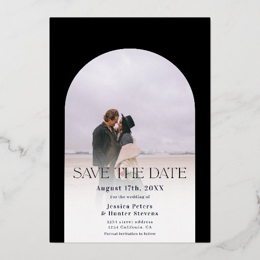 Moderne Schwarze Bogen 4 Fotos Hochzeit speichern Folieneinladung (Rückseite)