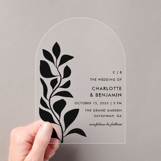 Moderne Schwarze Botanische Blätter Hochzeit Acryleinladungen (Insitu (Handheld))