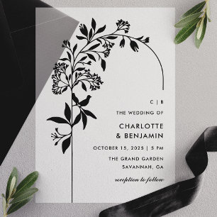 Moderne Schwarze Botanische Bogen-Hochzeit Pergament Einladungen