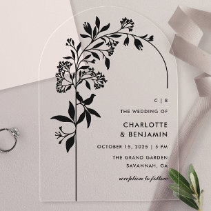 Moderne Schwarze Botanische Bogenhochzeit Acryleinladungen