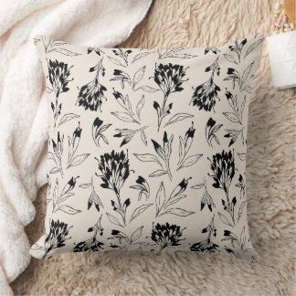 Moderne schwarze botanische Floral-Skizzenmuster Kissen