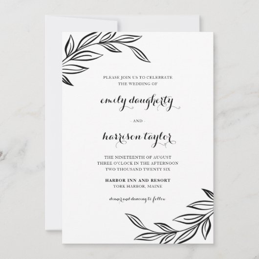 Moderne Schwarze Botanische Hochzeit Einladung (Vorderseite)