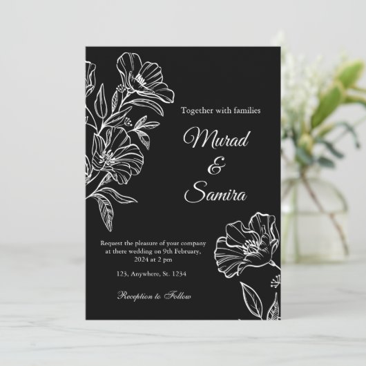 Moderne Schwarze Botanische Linie Einladung zur Ho (Stehend Vorderseite)