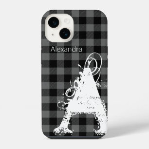 Moderne schwarze Buffalo-Karo große Monogramm-Name iPhone 14 Hülle