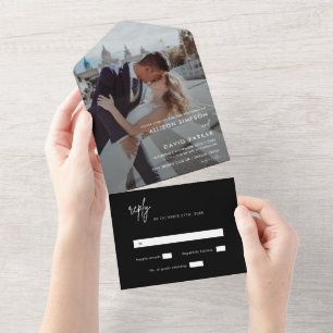 Moderne schwarze einfache Hochzeitsfoto ohne Menü All In One Einladung