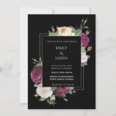 Moderne Schwarze Einladung mit Burgundy Peonies (Vorderseite)