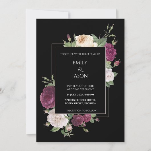 Moderne Schwarze Einladung mit Burgundy Peonies (Vorderseite)