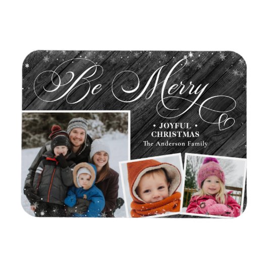 Moderne Schwarze Elegante Script Snowflakes Bokeh  Magnet (Horizontal)