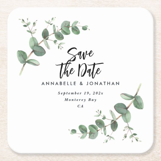 Moderne, schwarze Eukalyptus Save the Date chic Rechteckiger Pappuntersetzer (Vorderseite)