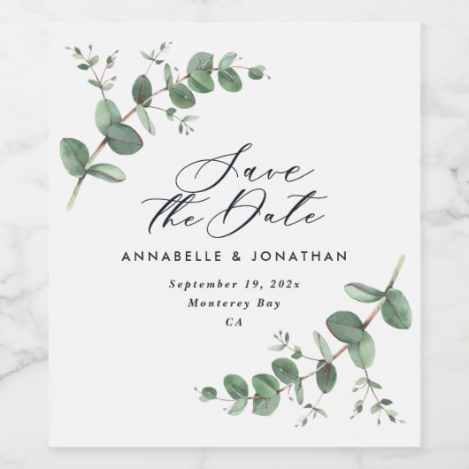 Moderne, schwarze Eukalyptus Save the Date chic Weinetikett (Einzelnes Label)