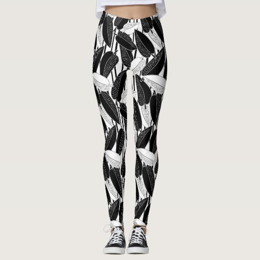 Moderne schwarze Fikus-Blätter abstrakt gestreift Leggings (Vorderseite)