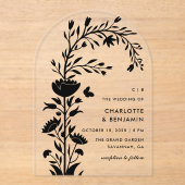 Moderne Schwarze Flora-Butterfly-Hochzeit Acryleinladungen (Vorderseite)