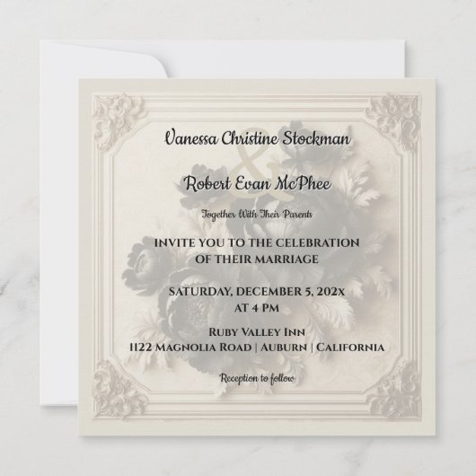 Moderne Schwarze Flora Einladung zur Hochzeit (Rückseite)