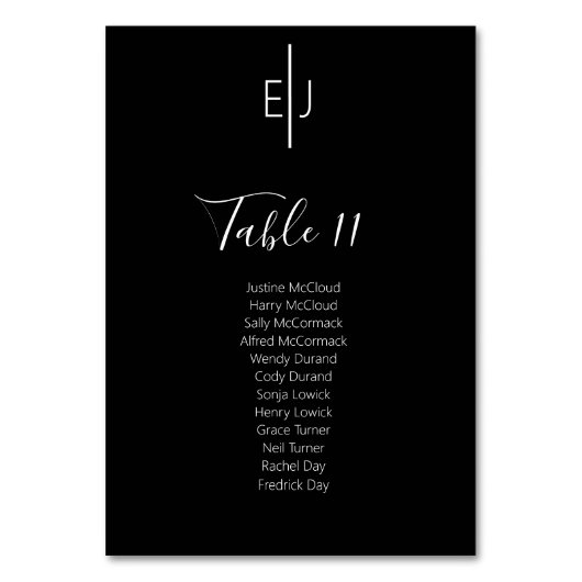 Moderne schwarze Gäste Sitzliste Tischnummer (Vorderseite)