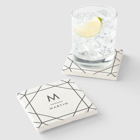 Moderne schwarze geometrische Linien mit Monogramm Steinuntersetzer (Seitenansicht)