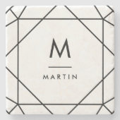 Moderne schwarze geometrische Linien mit Monogramm Steinuntersetzer (Vorderseite)