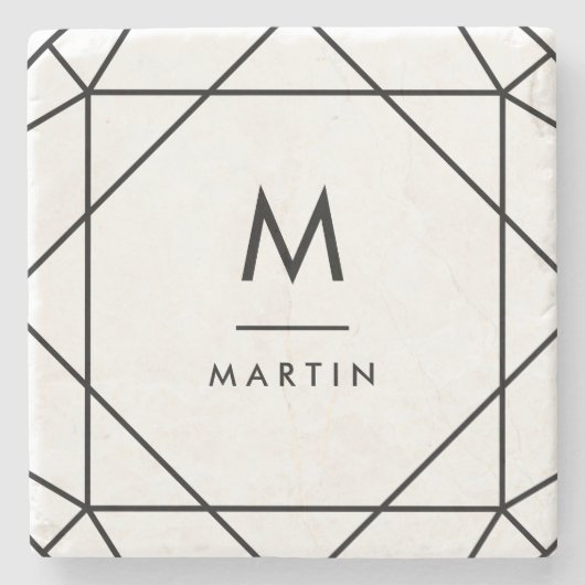 Moderne schwarze geometrische Linien mit Monogramm Steinuntersetzer (Vorderseite)