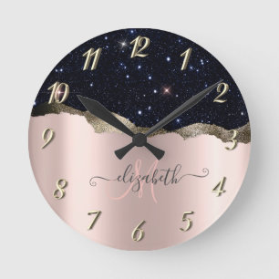 Moderne schwarze Glitter-Roségold-Monogramm Runde Wanduhr