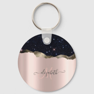 Moderne schwarze Glitter-Roségold-Monogramm Schlüsselanhänger
