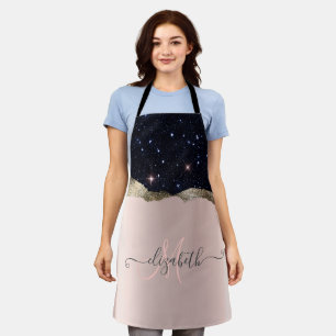 Moderne schwarze Glitter-Roségold-Monogramm Schürze