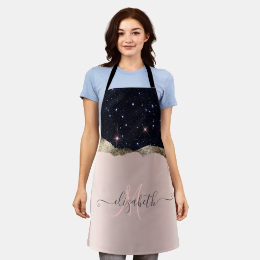 Moderne schwarze Glitter-Roségold-Monogramm Schürze (Getragen)