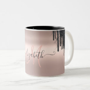 Moderne schwarze Glitter-Tropfen Rose-Gold-Monogra Zweifarbige Tasse
