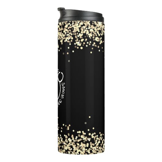 Moderne Schwarze Glitzer Monogram Stethoscope Nurs Thermosbecher (Nach rechts gedreht)
